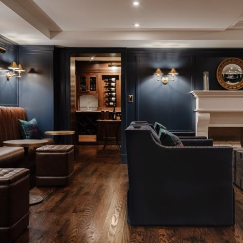 Moody Basement Rec Room, Navy Man Cave, Dark Modern Basement, Navy Basement Bar, Vintage Basement Ideas, Basement Styling, Navy Blue Basement, Club Room Design, Navy Den