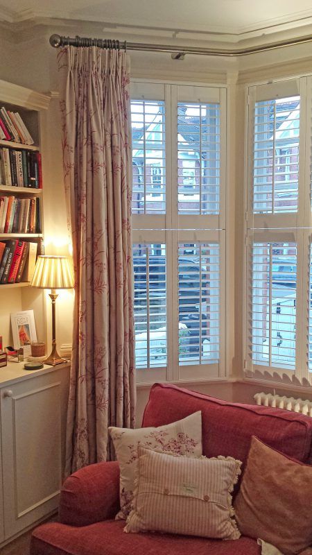 Bay Window with curtains tier on tier shutters Victorian Window Treatments, Bay Window Dressing, Window With Curtains, Victorian Bay Window, Shutters With Curtains, Bay Window Bedroom, Bay Window Blinds, Bay Window Shutters, Bay Window Design