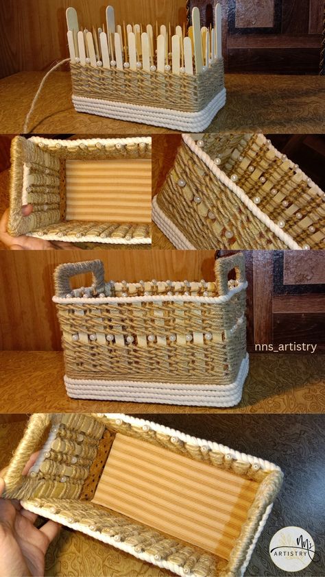 Jute rope crafts | DIY Cardboard storage basket | cardboard box crafts | DIY crafts | handmade storage basket | nns artistry Diy Jute Basket Cardboard Boxes, Wooden Sticks Diy, Jute Basket Diy, Brazil Crafts, Basket Making Ideas, Jute Rope Crafts, Cardboard Basket, Diy Storage Box, Sticks Crafts