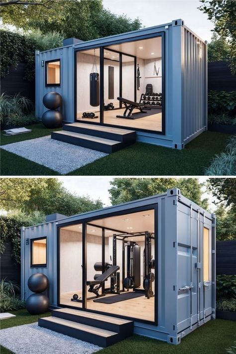 Garden Gym Room, Shipping Container Gym, Home Pilates Room, Garden Gym Ideas, Container Gym, Aesthetic Home Gym, Tiny Home Gym, Gym Tools, Outdoor Home Gym