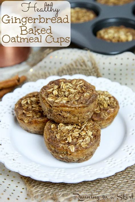 Gingerbread Healthy Baked Oatmeal Cups recipe - the best holiday breakfast muffins! An easy, tasty and clean portable breakfast. Vegetarian / Running in a Skirt #oatmeal #vegetarian #gingerbread #christmas #holiday #healthy #cleaneating #breakfast #recipe Gingerbread Baked Oatmeal, Gingerbread Oatmeal, Healthy Baked Oatmeal, Vegetarian Breakfasts, Portable Breakfast, Baked Oatmeal Healthy, Breakfast Vegetarian, Breakfast Recipies, Baked Oatmeal Cups