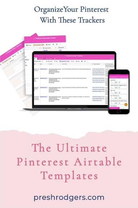 Pinterest organization and management is easy with these Pinterest Airtable Tracking Templates. Pinterest keyword research tracker and planner, pinterest analytics reporting tracker and tools, pinterest content planning tracker, pinterest profile and board optimization tracker. These airtable templates will help bloggers, content creators, DIYers manage their Pinterest marketing with ease and clean up their Pinterest business account. The best social media pin templates to grow your biz! Airtable Template, Content Calendar Spreadsheet, Sales Tracker Template, Business Sales Tracker, Project Tracker Excel, Business Daily Planner, Templates Pinterest, Business Planner Printables, Google Sheets Task Tracker