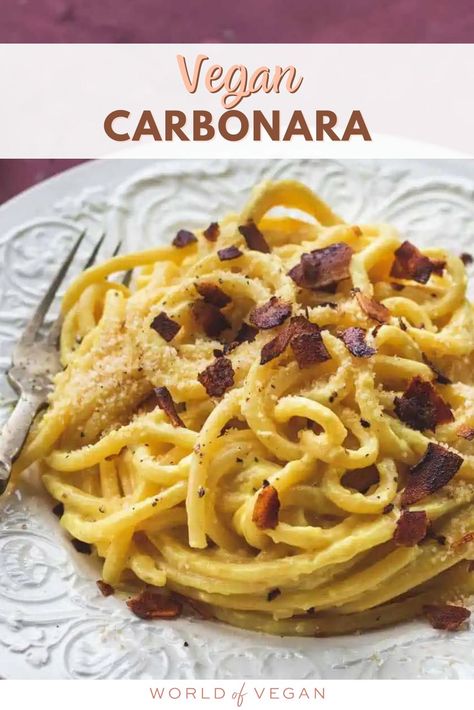 Craving a deliciously dairy-free carbonara pasta? This vegan carbonara recipe is made with silken tofu and comes together in just under an hour. https://www.worldofvegan.com/dairy-free-carbonara/ Dairy Free Carbonara, Vegan Carbonara Sauce, Carbonara Pasta Vegan, Creamy Vegan Tofu Noodles, Vegetarian Carbonara, Vegan Carbonara, Silken Tofu Recipes, Vegan Noodles, Dairy Free Pasta