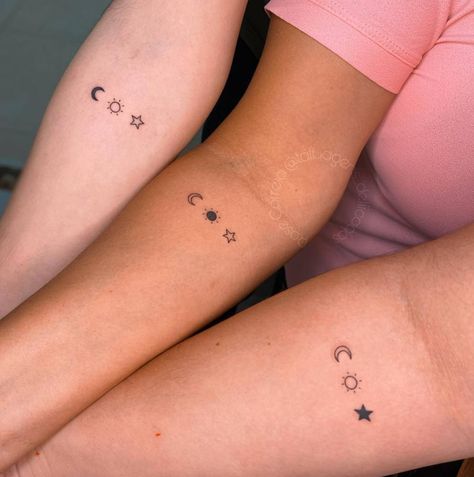 Matching sun, moon and star tattoo for mother and Tattoos Moon And Stars, Sun Moon And Star Tattoo, Tattoo For Mother, Moon And Star Tattoo, Maching Tattoos, Cute Matching Tattoos, Small Matching Tattoos, Small Girly Tattoos, Mother Tattoos