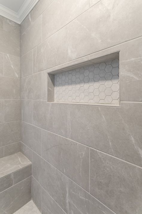 Bathroom Shower Tile Ideas Recessed Shelves, Small Master Shower Tile Ideas, Tile Shower Ideas Walk In Farmhouse, Small Bathroom Floors Ideas Tile, Master Bath Showers Walk In, Master Bath Shower Tile Wall, Fabric Look Tile Bathroom, Spa Like Shower Tile, Affinity Tile Bathroom