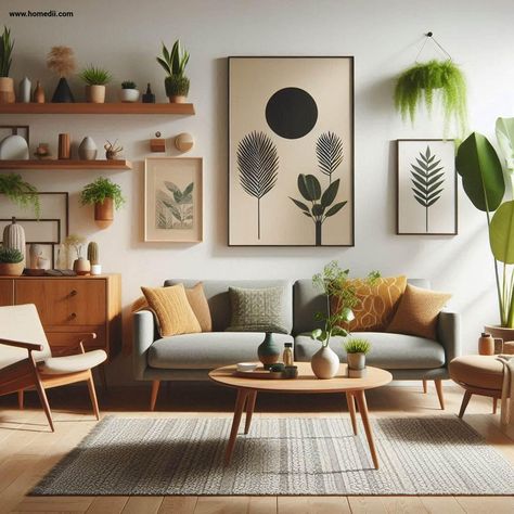 Mid Century Modern Boho Living Room Grey Couch, Mid Century Modern Green Living Room, 60s Inspired Living Room, Mid Century Modern Shelf Decor, Scandavian Living Room, Mcm Boho Living Room, Mid Century Living Room Ideas, Midcentury Modern Living Room Decor, Boho Mid Century Modern Living Room