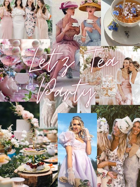 Tea Party Theme | Pink Party | Bridgerton Party | Lets Tea Party | Birthday Party | Bridal Shower | Mood Board | Inspo Board | Cocktails | Flowy Dress | Poofy Dress | Classy Party | Old Money Aesthetic | Pastries Floral Theme | Flowers | Spring | Summer vibes | Background | Tea Gloves Tea Party 60th Birthday, Spring Tea Party Aesthetic, Tea Bachelorette Party Ideas, Bridgeton Bachelorette Party, Tea Party Mood Board, Floral Tea Party Dress, Bridgerton Themed Bachelorette Party, Brigerton Bridal Shower Theme, Bachelorette Tea Party Ideas