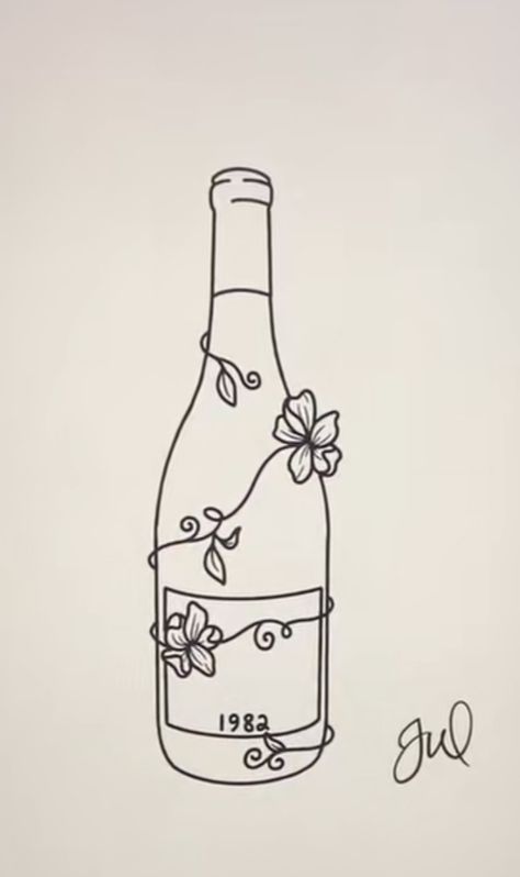 Wine Bottle Tattoo Traditional, New Wine Tattoo, Wine Related Tattoos, Bottle Wine Tattoo, Wine Bottle With Flowers Tattoo, Wine Bottle Tattoo Design, Wine Bottle Embroidery, Small Object Tattoo, Winery Tattoo