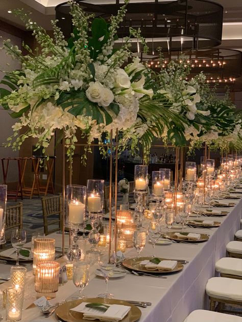 Wedding Imperial Table Decorations, Wedding High Top Table Flowers, Gold Green Ivory Wedding, Nigerian Wedding Reception Decoration, High Flower Centerpieces Wedding, Emerald Green And Gold Wedding Decor Wedding Table Decor, Emerald Wedding Centerpieces, Green And Cream Wedding Decor, Emerald Wedding Decor