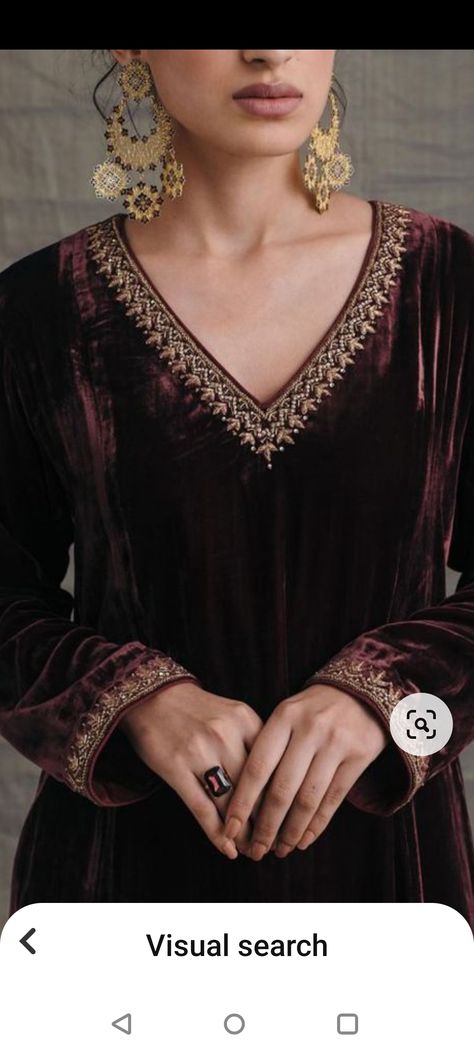 Velvel Suit Ideas, Velvet Kurti Designs Latest, Neck Design For Velvet Suit, Velvet Neck Designs Pakistani, Velvet Suit With Lace Design, Silk Velvet Suit, Velvet Suit Design Hand Work, Velvet Party Wear Suits, Velvet Hand Work Suits