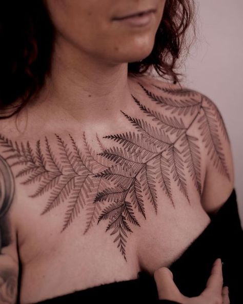 Fern Tattoo Shoulder Woman, Fern Tattoo Neck, Fern Stomach Tattoo, Thigh Fern Tattoo, Fern Calf Tattoo, Staghorn Fern Tattoo, Foliage Chest Tattoo, Fern Arm Tattoos For Women, Fern Collarbone Tattoo