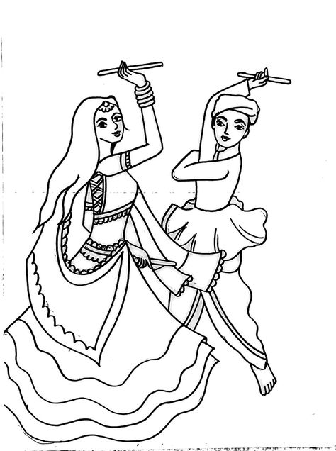 Dandiya Drawing For Kids, Navratri Festival Drawing, Dandiya Images, Dandiya Drawing, Garba Drawing, Navratri Drawing, Navratri Wallpaper, Pencil Sketches Easy, Saree Painting Designs