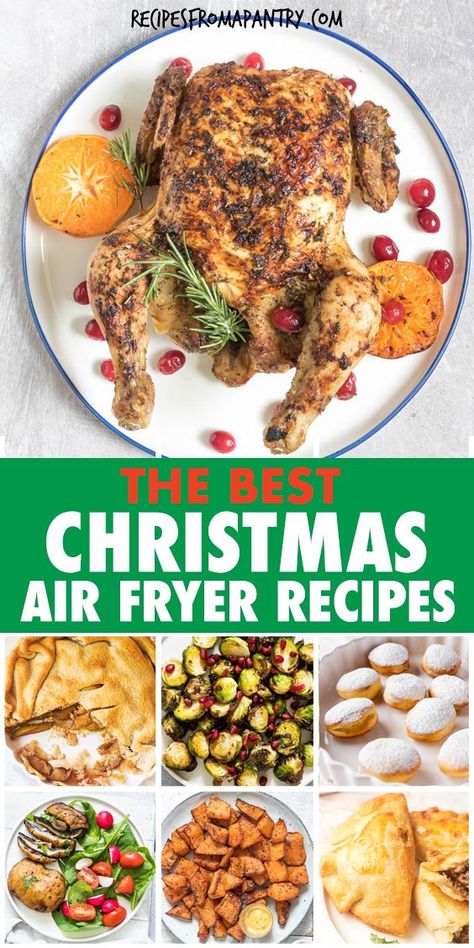 Making the perfect Christmas dinner or Holiday meal just got a lot quicker and easier! These Air Fryer Christmas Recipes Menu has something for everyone and includes a variety of appetizers, breakfasts, sides, main dishes, Turkey, Ham, chicken, vegetables, desserts, cakes and drinks to choose from. Each of these Air Fryer Holiday recipes is delectable, flavourful and SO quick and easy to make and most are budget friendly. #airfryer #christmas #holiday #recipes Air Fryer Winter Recipes, Airfryer Christmas Recipes, Air Fryer Thanksgiving, Air Fryer Christmas, Christmas Holiday Recipes, Celebration Recipes, Thanksgiving Main Dish, Full Course Meal, Holiday Recipes Thanksgiving