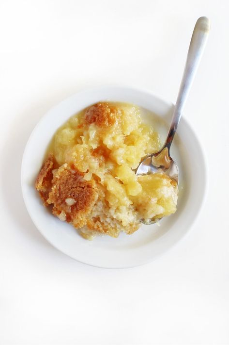 Pineapple Dump Cake (Gluten-Free, Vegan) | Strength and Sunshine | Delicious and easy pineapple dump cake! Just 3 to 4 ingredients, dump, and bake; this gluten-free and vegan dessert is buttery, sweet, and tangy! It's the perfect no-fuss recipe when you're short on time but still want to impress! With a golden brown crust and ooey gooey center, this tropical cake is perfect with a scoop of your favorite ice cream! Gluten Free Dump Cake, Blueberry Rhubarb Crisp, Cake No Butter, Pineapple Dump Cake, Homemade Marshmallow Fluff, Tropical Cake, Dump And Bake, Strawberry Crisp, Coconut Whipped Cream