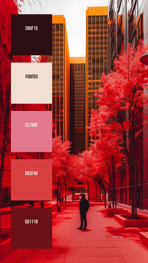 Colors:
2B0F15
F0DFD3
E2798E
D93F40
6D1118 Surreal Color Palette, Color Pallets Orange, Red And Orange Color Palette, Red Color Pallets, A Person Standing, Orange Color Palette, Shea Homes, Orange Palette, Adventure Car