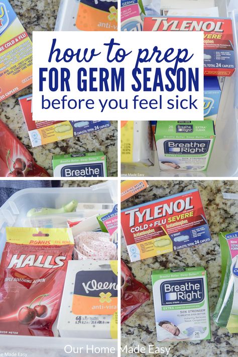 This is how busy parents can prep for germ season before getting under the weather themselves! Click to see which products are needed & how to organize them! #HappilyStocked #CollectiveBias #AD Sick Day Essentials, First Aid Tips, Emergency Preparedness Kit, Under The Weather, Household Cleaning Tips, Busy Parents, How To Organize, Feeling Sick, Emergency Preparedness