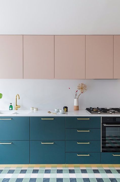 pale pink upper cabinets with teal color lower cabinets and white countertop Pink And Teal Kitchen Decor, Lower Cabinets Only Kitchen, Teal And Pink Kitchen, Eames Kitchen, Pop Of Color Kitchen, Pale Pink Kitchen, Lower Cabinets, White Countertop, Teal Kitchen