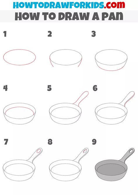 How To Draw A Kitchen, How To Draw A Plate, Cooking Drawing Easy, How To Draw Food Step By Step, Kitchen Tools Drawing, Pan Drawing, Draw Objects, Painting Exercises, Calendar Doodles