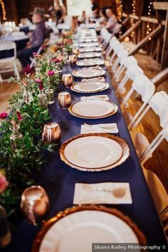 Wedding table decor - placement setting blue dark navy copper white greenery {Shana Bailey Photography} Navy Wedding Table, Copper Wedding Theme, Decor Placement, Wedding Sides, Navy Table, Table Settings Wedding, Rustic Summer Wedding, Navy And Copper, Bronze Wedding