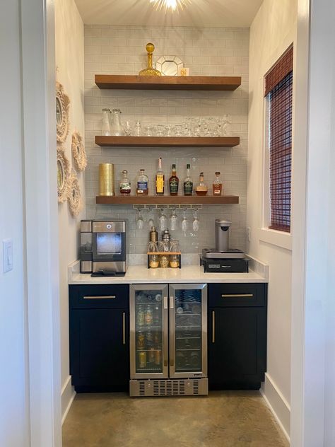 Black And Brass Wet Bar, Bar Section In Kitchen, Home Bar Fridge, Dry Bar Ideas Small Nook, Basement Popcorn Bar, Built In Wine Bar Nook, Game Room Wet Bar, Basement Dry Bar Ideas Small Spaces, Small Wet Bar Ideas Nooks