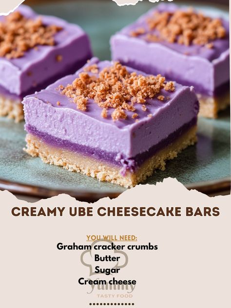 💜🍰 Treat yourself to our Creamy Ube Cheesecake Bars! A vibrant and luscious dessert! 🌈✨ #UbeLovers Creamy Ube Cheesecake Bars Ingredients: Graham cracker crumbs (1 cup) Butter, melted (1/4 cup) Cream cheese (2 cups) Sugar (1 cup) Ube halaya (1/2 cup) Eggs (2) Ube extract (1 tsp) Vanilla extract (1 tsp) Instructions: Preheat oven to 350°F (175°C). Mix graham cracker crumbs with melted butter and press into a baking pan. Beat cream cheese and sugar until smooth. Add ube halaya, ube extract,... Ube Desserts Recipes, Philippine Desserts, Ube Cheesecake Recipe, Ube Dessert Recipe, Ube Extract, Ube Cheesecake, Ube Halaya, Ube Recipes, Cheesecake Lovers