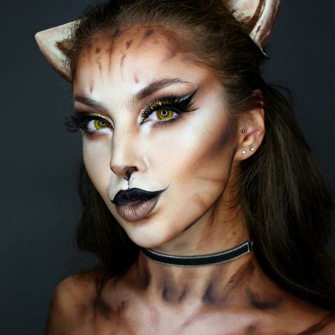 🐱Cat Makeup🐱 Honestly I just really wanted to turn myself into a cat, just having some fun!🐾 Eyes- @ohmykitty4u Moon Contacts, @sugarpill Lashes, and @nyxcosmetics 'Golden Hour' Palette to contour and on the eyes. Lips- @mehronmakeup Black Paradise Paint and @lasplashcosmetics liquid lipstick in 'Milagros' . Base is Nyx foundation, conceal and correct in 'Deep' and @makeuprevolution gorgeous gold highlight😺❤️ Cat Face Halloween, Cat Face Makeup, Nyx Foundation, Circus Makeup, Cat Halloween Makeup, Fantasy Make-up, Gold Highlight, Halloween Make-up Looks, Animal Makeup