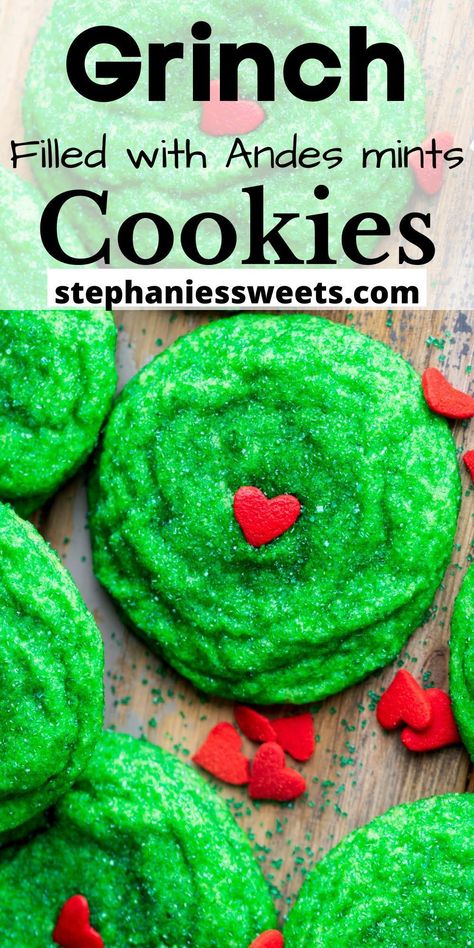 These Grinch green sugar cookies are loaded with Andes mints. They are topped with a giant heart and rolled in green sugar sprinkles. Cookies With Andes Mints, Christmas Grinch Cookies, Green Sugar Cookies, Grinch Cookies Recipe, Andes Mint Cookies, Andes Mints, Christmas Cookie Recipes Holiday, Grinch Cookies, Easy To Make Cookies