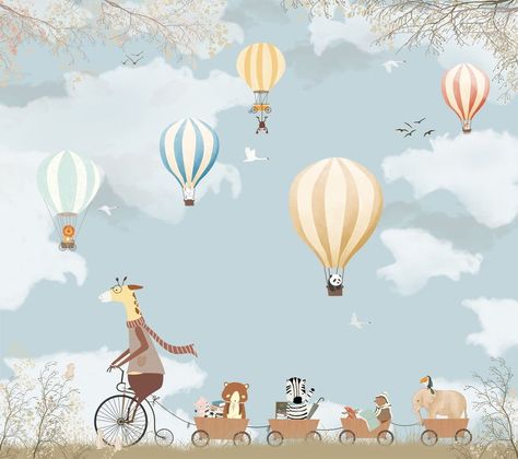 Wallpaper Decor Bedroom, Safari Nursery Decor, Kids Room Wallpaper, Nursery Baby Room, Balloon Wall, Safari Nursery, Hot Air Balloons, Japan Design, Baby Bedroom