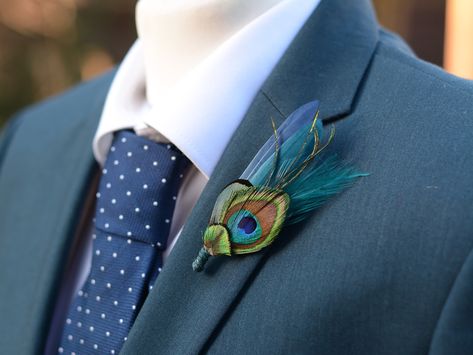 Teal and Navy Peacock and Pheasant Feather Lapel Pin Feather Corsage, Peacock Feather Brooch, Peacock Pheasant, Feather Boutonniere, Feather Bow Ties, Bridesmaid Hair Clips, Red Fascinator, Feather Brooch, Pheasant Feather