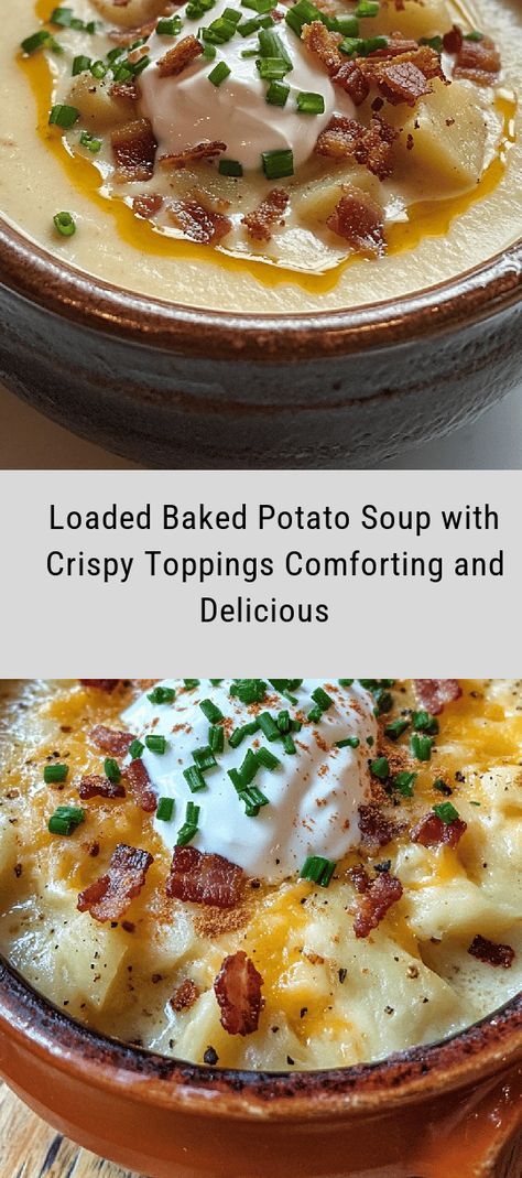 Warm up with a bowl of delicious loaded baked potato soup that's perfect for chilly nights or gatherings. This comforting dish features creamy potatoes, savory cheese, and crispy toppings like bacon and sour cream. Inspired by a treasured family recipe, it’s easy to prepare in just 45 minutes. Enjoy the rich flavors while also adding your twist with optional veggies or vegan substitutes. Serve it alongside a salad or garlic bread for a complete meal. Ideal for cozy dinners and sure to Vegetarian Loaded Baked Potato Soup, Baked Potato With Cheese, Creamy Potatoes, Cozy Dinners, Vegan Substitutes, Fresh Potato, Savory Cheese, Loaded Baked Potato, Loaded Baked Potato Soup