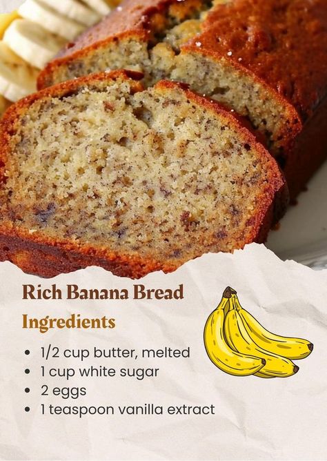 Mama's Old Recipes | Rich Banana Bread 🍌 | Facebook Rich Banana Bread, Banana Bread Ingredients, Moist Banana Bread, Easy Slow Cooker Recipes, Grandmas Recipes, Banana Bread Recipe, Banana Flavored, Jamie Oliver, 2 Eggs