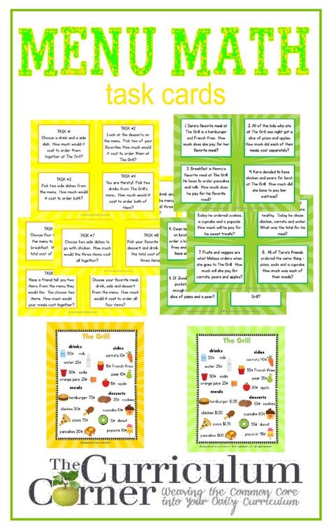 Menu Math Task Cards, Menu & Recording Page | Two Levels | FREE from The Curriculum Corner Menu Math, Money Math, Thanksgiving Math, Math Problem Solving, Math Tasks, Math Task Cards, Math Printables, Math Addition, Math Workshop