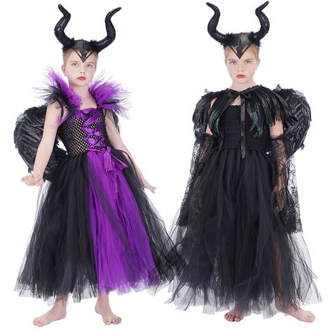 Maleficent Costume Kids, Maleficent Dress, Maleficent Cosplay, Feather Shawl, Witch Clothes, Black Devil, Demon Queen, Maleficent Costume, Kids Costumes Girls