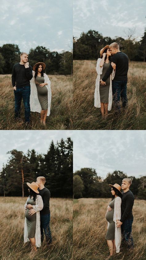 Pregnant Photo Ideas Outside, Overcast Maternity Photos, Maternity Pictures Outfits Fall, Maternity Couples Outfits, Pregnant Photoshoot Poses, Pregnant Autumn Photography, Outdoor Casual Maternity Shoot, Maternity Photo Outdoor, Maternity Photo Outfits Couple