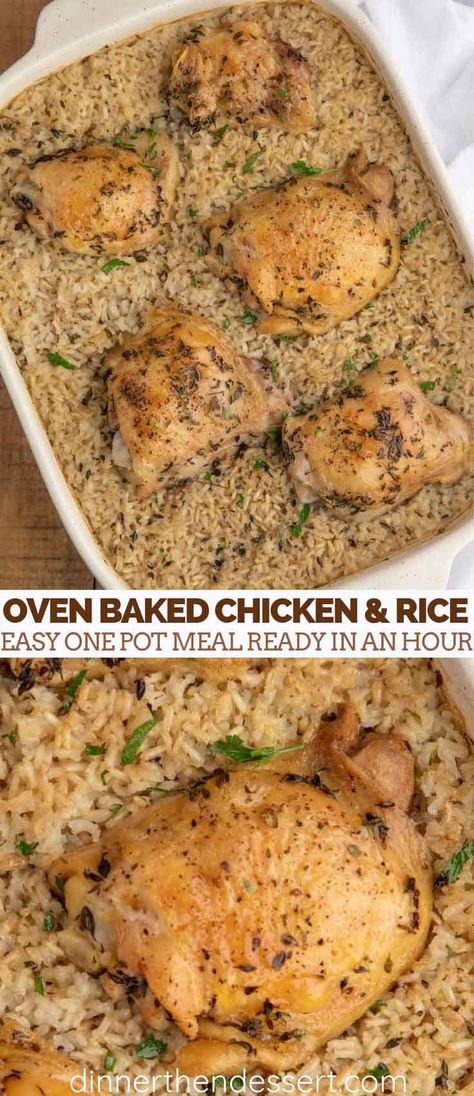 Easy Rice Casserole, Oven Chicken And Rice, Oven Baked Chicken And Rice, Baked Chicken And Rice, Oven Baked Chicken Thighs, Chicken And Rice Casserole, Easy Chicken And Rice, Rice Casserole Recipes, Easy Rice