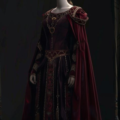 House Arryn Dress, Valyrian Dresses, Medevial Dresses, Targaryen Dress Aesthetic, House Of The Dragon Dresses, Rhaenyra Targaryen Outfit, Red Royal Dress, Red And Black Dress, Dragons Clothes