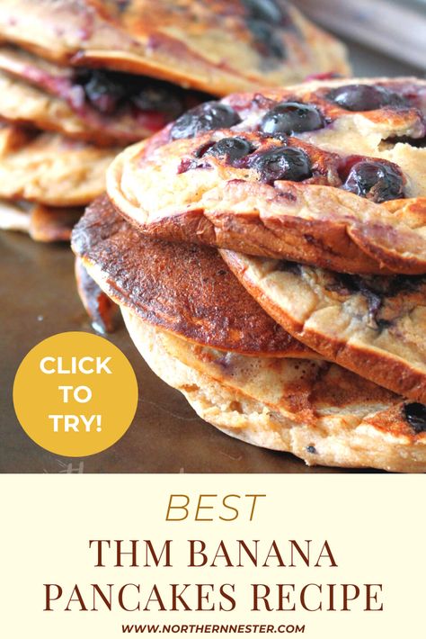 Thm Pancakes Recipe, Thm Banana Recipes, Trim Healthy Mama Pancakes, Good Protein Breakfast, Thm Pancakes, Trim Healthy Mama Breakfast, Trim Healthy Mama Recipe, Thm Meals, Banana Blueberry Pancakes