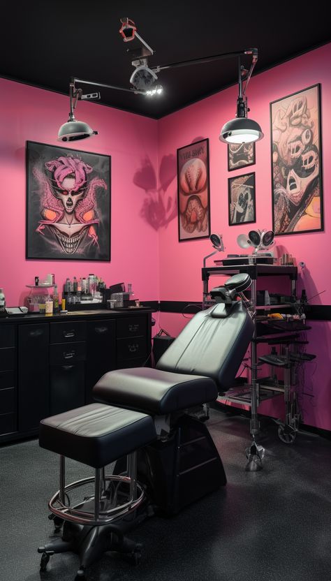 Piercing Room Decor, Tattoo Room Ideas, Piercing Room, Pink Tattoo Studio, Tattoo Shop Interior, Tattoo Shop Decor, Tattoo Studio Interior, Moody Interior Design, Tattoo Studio Design