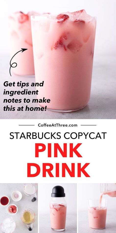 Strawberry Starbucks Drink, Pink Drink Copycat, Pink Drink Recipe, Starbucks Pink Drink Recipe, Pink Drink Starbucks, Coconut Milk Drink, Homemade Starbucks, Starbucks Pink Drink, Pink Drink Recipes