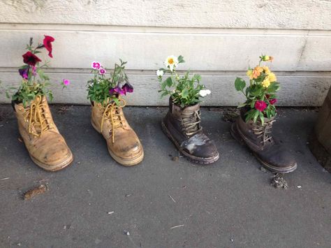 Done with those old boots? Make them into garden pots Pots Of Flowers, Old Boots, Finding A New Job, Scrap Material, Diy Magazine, Old Shoes, Art Organization, Work Boot, Feeling Sick