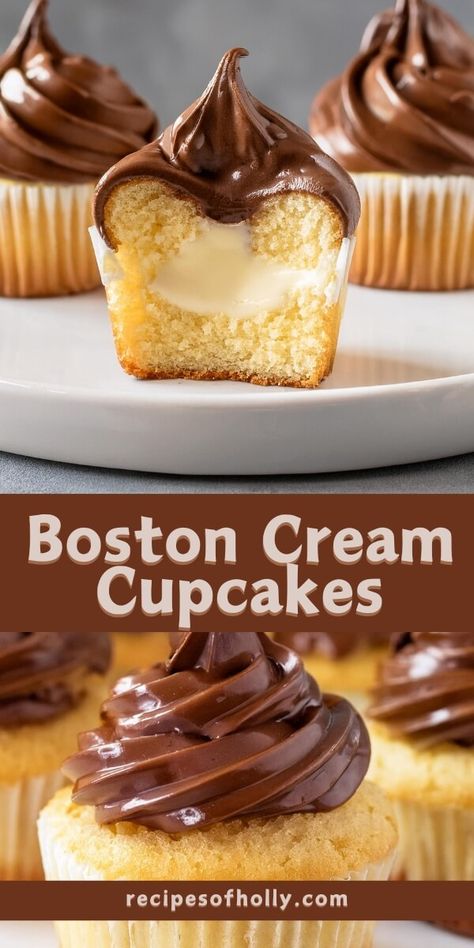 Boston Cream Cupcakes Bavarian Cream Cupcakes, Bavarian Cream Filled Cupcakes, Boston Cream Pie Cupcakes Recipe, Boston Cream Recipes, Boston Cream Cupcakes Easy, Boston Crème Cupcakes, Boston Cream Filling Recipe, Cream Filling For Cupcakes, Cupcakes With Filling Inside