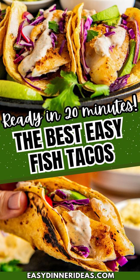 This juicy, easy fish tacos recipe is a quick seafood dinner ready in just 20 minutes! Loaded with tender, seasoned white fish, crunchy purple cabbage, fresh avocado and our creamy cilantro-chipotle fish taco sauce, they're perfect for any Taco Tuesday. Seared Fish Tacos, Best Fish Taco Sauce Recipe, Fish Tacos Sauce Easy, Chipotle Sauce For Fish Tacos, Best Fish Tacos Recipe, Fish Tacos Sauce, Fish Taco Seasoning, Fish Taco Sauce Recipe, Sauce For Fish Tacos