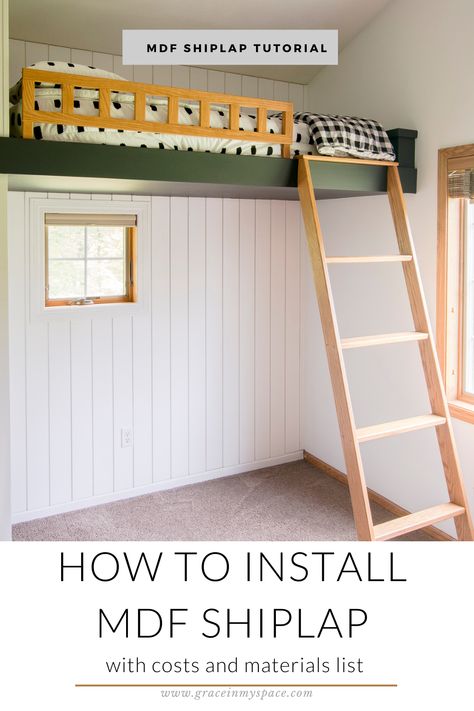 Learn how to install MDF shiplap on interior walls to create a character filled and customized look! Includes shiplap cost & materials list. #fromhousetohaven #shiplapwalls #diyshiplap #shiplaptutorial #mdfshiplap #whiteshiplap Mdf Shiplap Ceiling, Mdf Shiplap Wall, Mdf Shiplap, Grace In My Space, Create A Character, Installing Shiplap, White Exterior Houses, Shiplap Ceiling, Exterior Houses