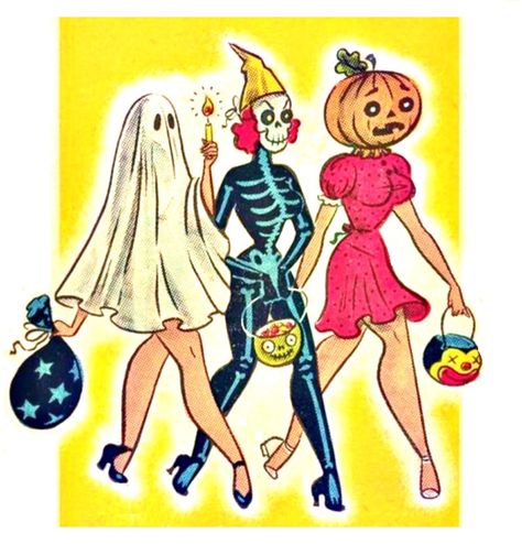 vintage Halloween, three women in Halloween costumes, ghost, skeleton, pumpkin head Vintage Drawings, Arte Pin Up, Vintage Halloween Art, Image Halloween, Vintage Inspired Art, Psy Art, Cd Art, Halloween Cake, Halloween Tags