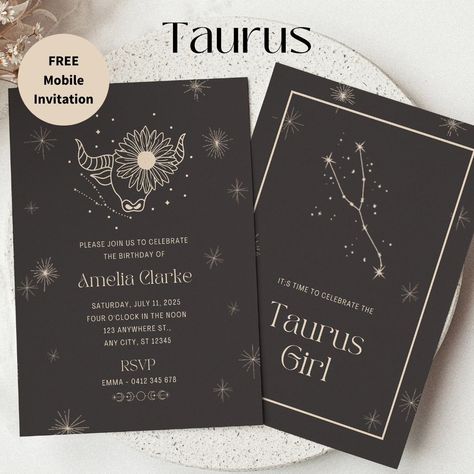 We predict a magical birthday with these invitations 🌛🌟🌜 TAURUS Girl it's your time to sparkle ✨️🥂 Our zodiac astrology invitations have begun to launch.... what star sign are you? 🦁 Leo girl here! #starsigns #starsign #astrology #zodiacsign #taurusgirl Mystical Birthday Party, Mystical Birthday, Taurus Girl, Virgo Star Sign, Leo Girl, Magical Birthday, Astrology Stars, Sign Image, Party Invitations Printable