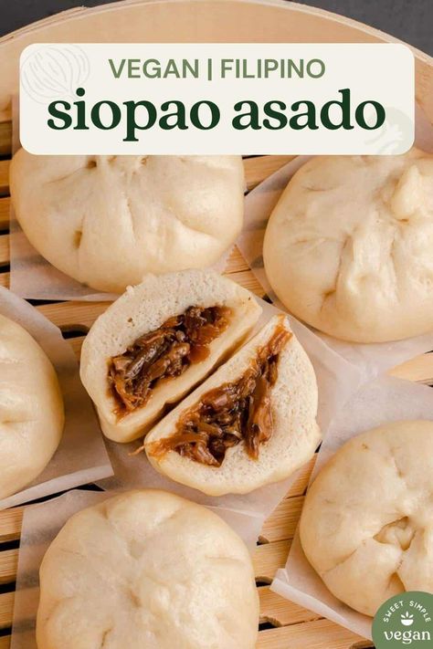 The perfect balance of sweet and savory, all wrapped up in a fluffy steamed bun! This vegan version of the classic Filipino recipe, siopao asado, tastes like I remember growing up. #vegan #filipino #veganfilipino #siopaasado #vegansiopao #steamedbun Siopao Asado Recipe, Siopao Recipe, Asado Recipe, Vegan Filipino, Resep Vegan, Mushroom Filling, Vegan Appetizer, Vegan Asian Recipes, Bamboo Steamer