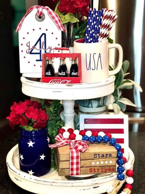 Mini Book Stacks, 4th Of July Tiered Tray Decor, Tiered Tray Decor Ideas, Tray Decor Ideas, Patriotic Tiered Tray, 4th July Crafts, Tiered Tray Diy, Fourth Of July Decor, Patriotic Crafts