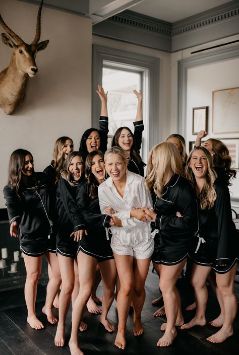 Chic Bridesmaids Getting Ready, Black And White Getting Ready Outfit, Bridal Party Night Before Wedding, Bridemaid Photos Getting Ready, Getting Wedding Ready, Bridesmaid Getting Ready Outfit Black, Wedding Bridesmaids Getting Ready, Bridesmaid Preparation Outfit Ideas, Getting Ready Bridesmaids Photos