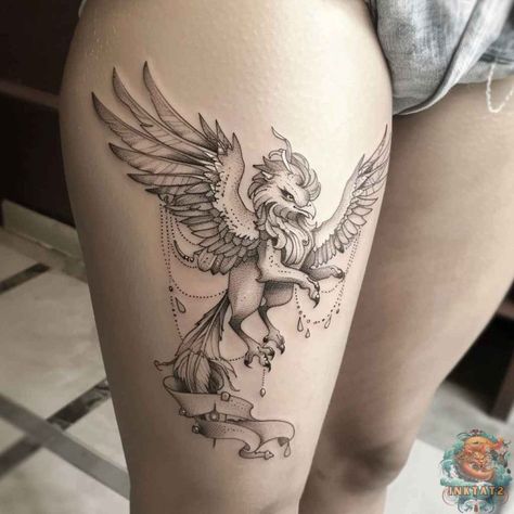 Unleashing the Mystique: Exploring the Symbolism of Griffin Tattoos: 128 Designs - inktat2.com Griffin Tattoo Feminine, Griffon Tattoo, Gryphon Tattoo, Griffin Mythical, Griffin Tattoo, Symbol Of Strength, Eagle Wings, Celtic Mythology, Flower Meanings