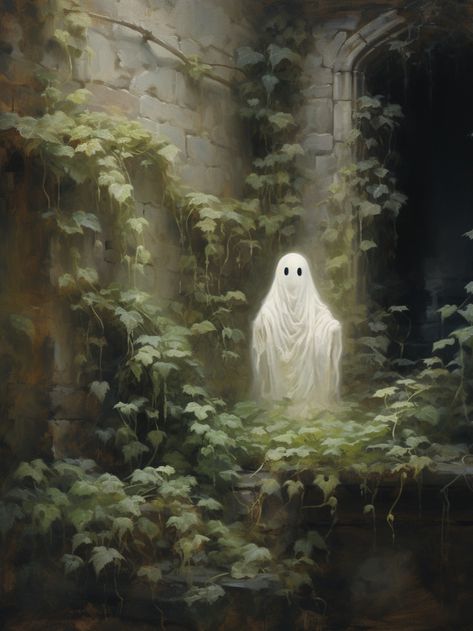 An oil painting of a cute ghost in an abandoned castle. Halloween Oil Painting, Cottagecore Artwork, Haunted Art, Cute Ghost Art, Ghost Artwork, Ghosts Art, Ghost Paintings, Victorian Ghost, Cottagecore Halloween